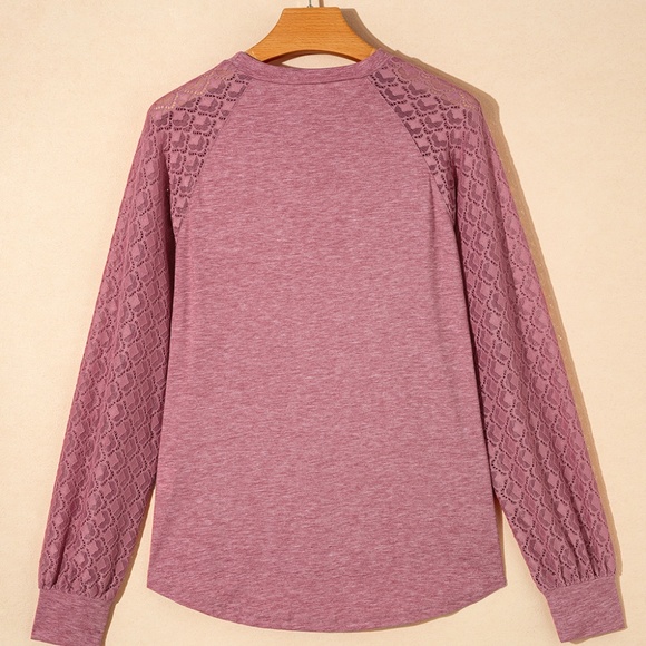 Rose Pink Contrast Lace Raglan Sleeve Plicate Round Neck Top - Picture 2 of 13